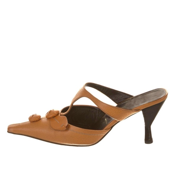 Prada Vintage Y2K 2000s Mary Jane Strap Flower Appliqué Kitten Heel Mules - Picture 10 of 10